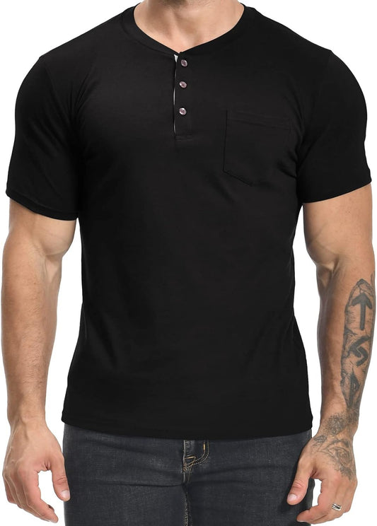 MLANM Mens Short Sleeve T Shirts Fashion Casual Basic Henley T-Shirts Cotton V-Neck Button Tee Tops with Front Pocket