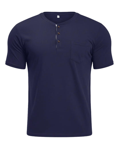 MLANM Mens Short Sleeve T Shirts Fashion Casual Basic Henley T-Shirts Cotton V-Neck Button Tee Tops with Front Pocket