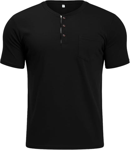 MLANM Mens Short Sleeve T Shirts Fashion Casual Basic Henley T-Shirts Cotton V-Neck Button Tee Tops with Front Pocket