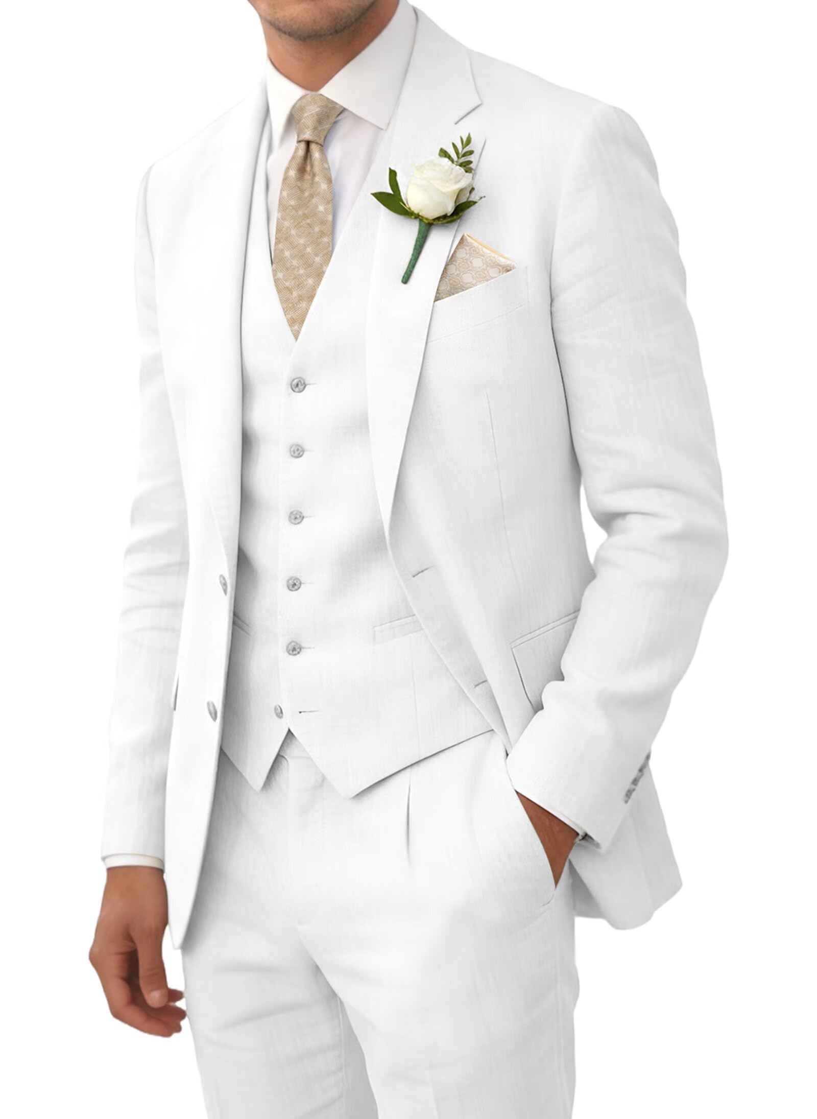 Wehilion Retro Linen Men Suit Beach Wedding Suit Summer Slim Fit 3 Pieces Light Weight Linen Suit Jacket Vest Pant Tuxedo