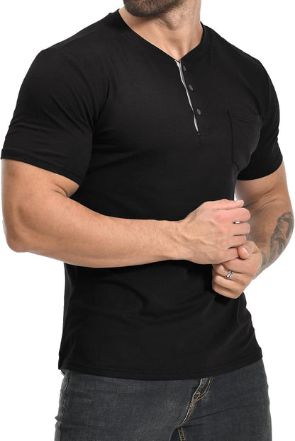 MLANM Mens Short Sleeve T Shirts Fashion Casual Basic Henley T-Shirts Cotton V-Neck Button Tee Tops with Front Pocket