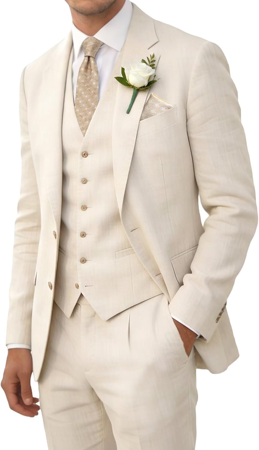 Wehilion Retro Linen Men Suit Beach Wedding Suit Summer Slim Fit 3 Pieces Light Weight Linen Suit Jacket Vest Pant Tuxedo