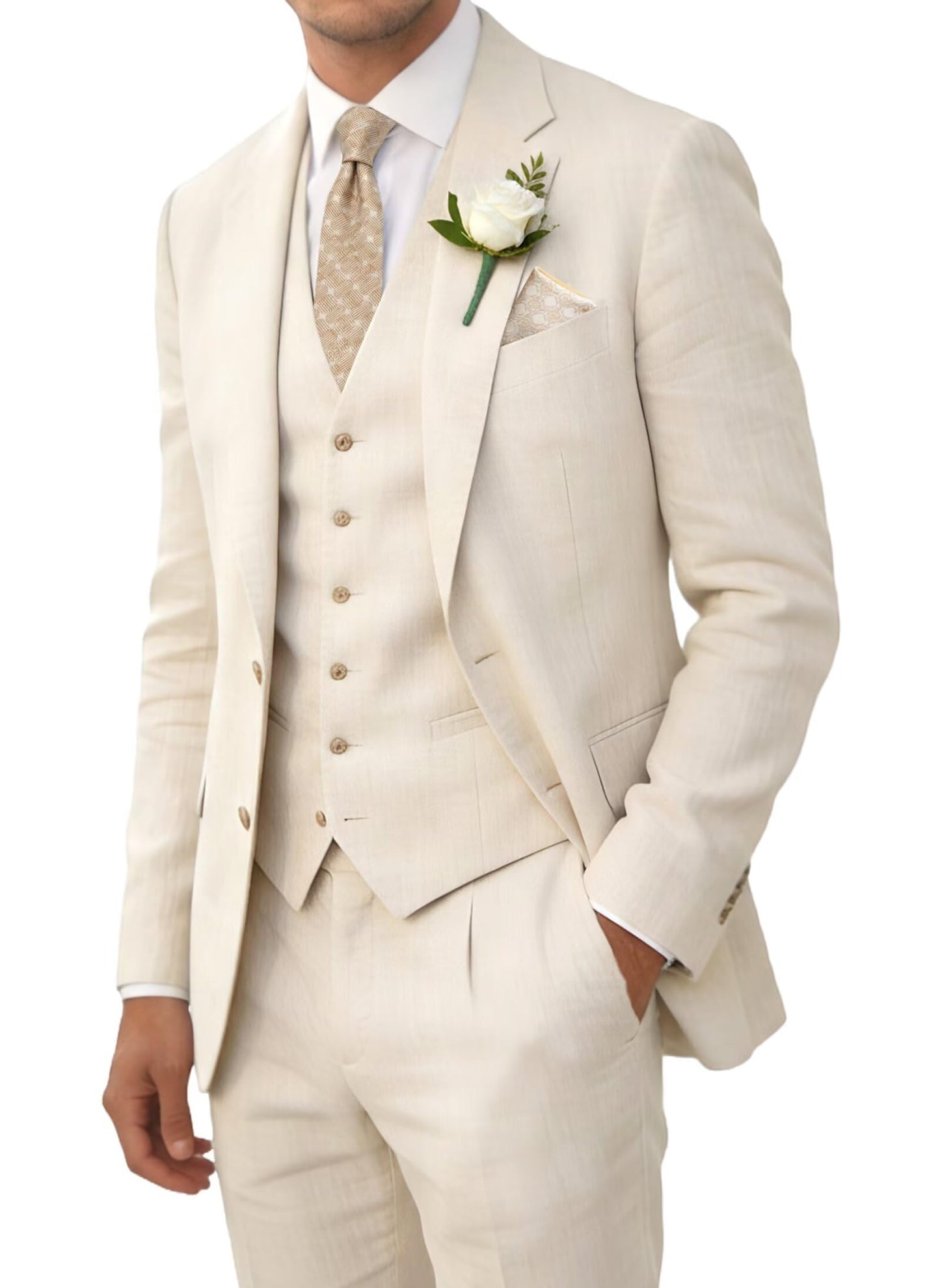 Wehilion Retro Linen Men Suit Beach Wedding Suit Summer Slim Fit 3 Pieces Light Weight Linen Suit Jacket Vest Pant Tuxedo