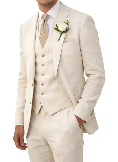 Wehilion Retro Linen Men Suit Beach Wedding Suit Summer Slim Fit 3 Pieces Light Weight Linen Suit Jacket Vest Pant Tuxedo