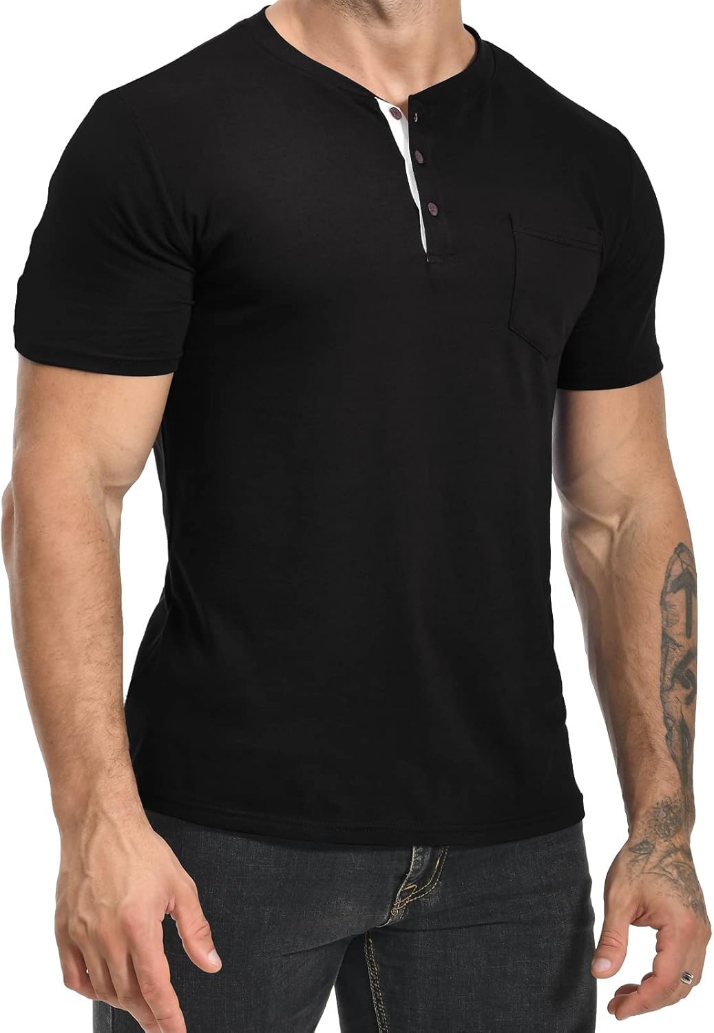 MLANM Mens Short Sleeve T Shirts Fashion Casual Basic Henley T-Shirts Cotton V-Neck Button Tee Tops with Front Pocket