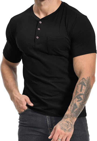 MLANM Mens Short Sleeve T Shirts Fashion Casual Basic Henley T-Shirts Cotton V-Neck Button Tee Tops with Front Pocket