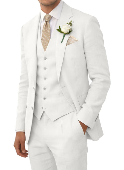 Wehilion Retro Linen Men Suit Beach Wedding Suit Summer Slim Fit 3 Pieces Light Weight Linen Suit Jacket Vest Pant Tuxedo