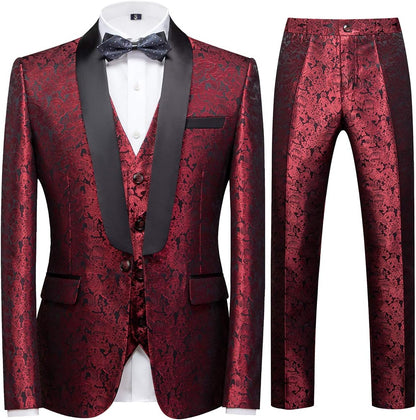 Men's Suits 3 Pieces Wedding Formal Business Shawl Collar Wedding Jacquard Dress Tuxedo Jacket Vest and Trouser