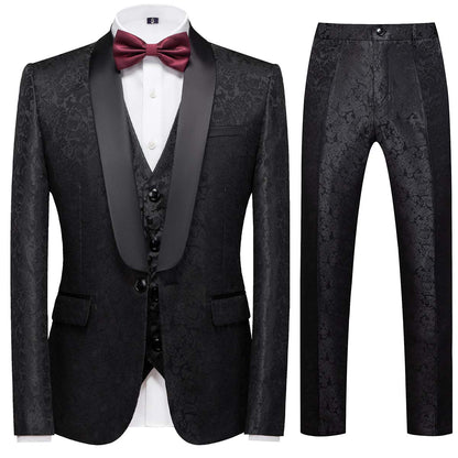 Men's Suits 3 Pieces Wedding Formal Business Shawl Collar Wedding Jacquard Dress Tuxedo Jacket Vest and Trouser
