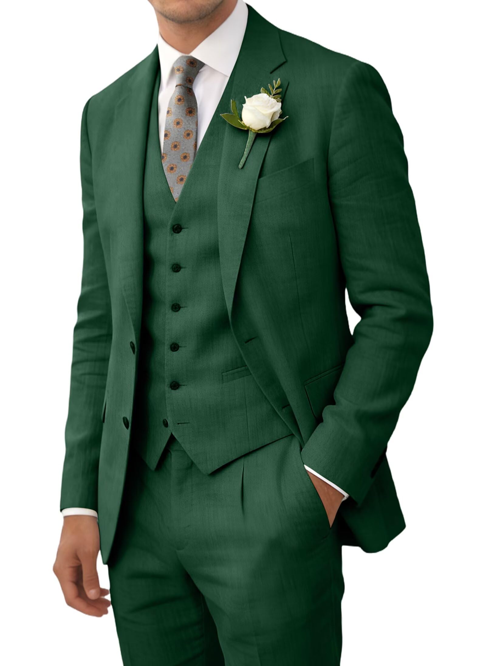 Wehilion Retro Linen Men Suit Beach Wedding Suit Summer Slim Fit 3 Pieces Light Weight Linen Suit Jacket Vest Pant Tuxedo