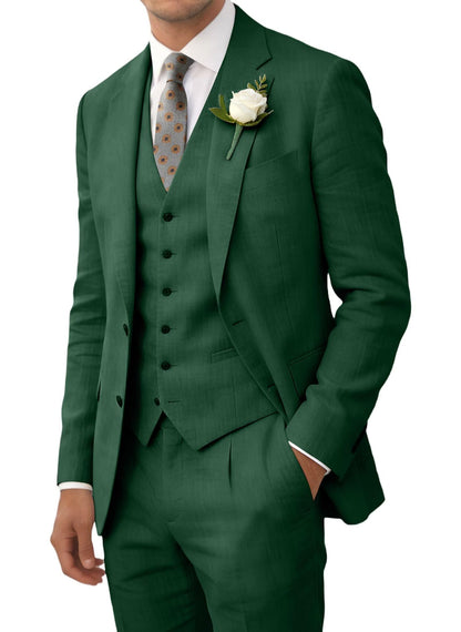 Wehilion Retro Linen Men Suit Beach Wedding Suit Summer Slim Fit 3 Pieces Light Weight Linen Suit Jacket Vest Pant Tuxedo