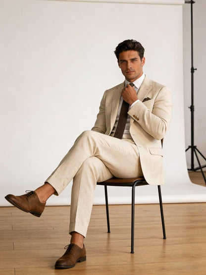 Wehilion Retro Linen Men Suit Beach Wedding Suit Summer Slim Fit 3 Pieces Light Weight Linen Suit Jacket Vest Pant Tuxedo