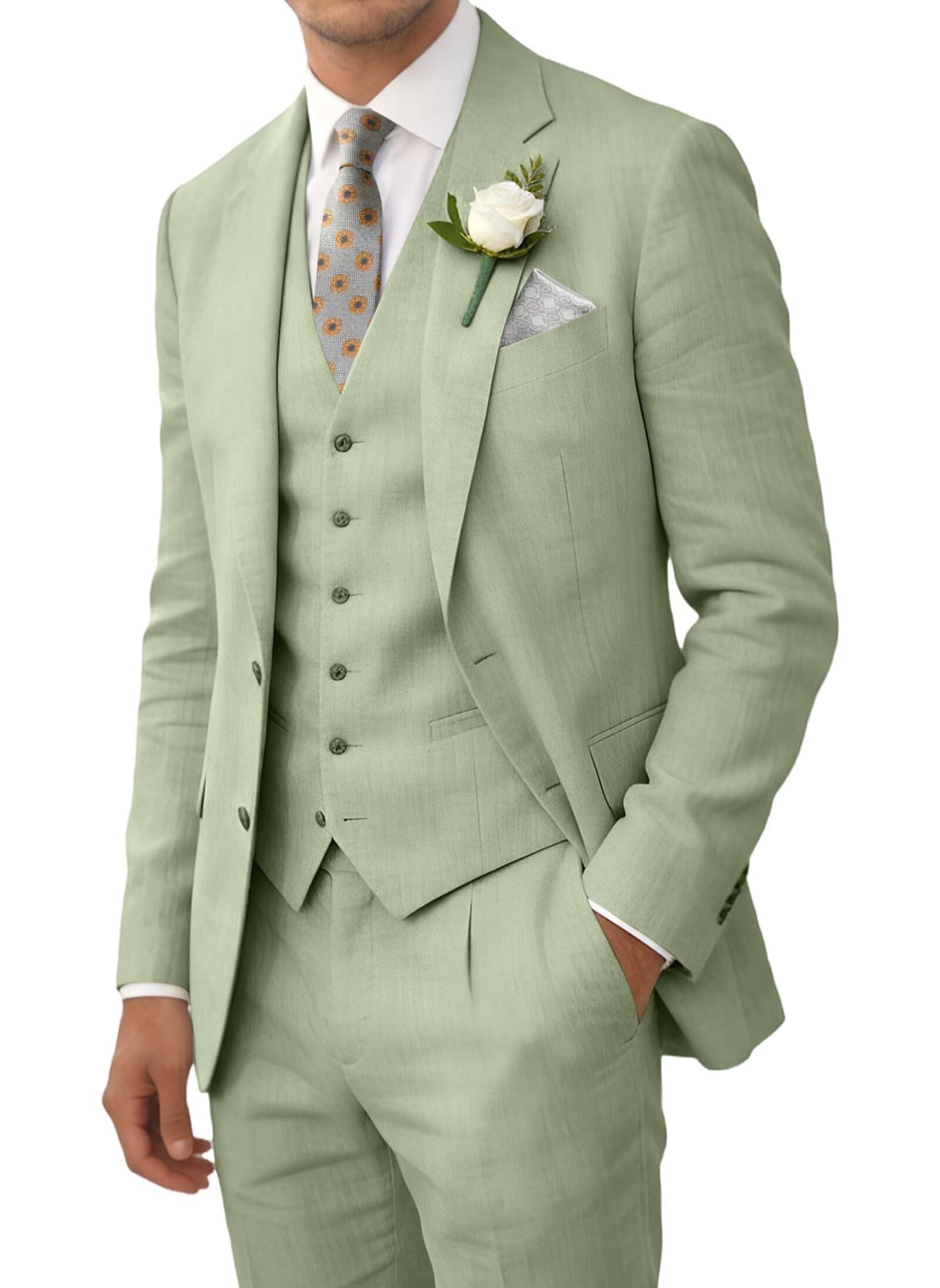 Wehilion Retro Linen Men Suit Beach Wedding Suit Summer Slim Fit 3 Pieces Light Weight Linen Suit Jacket Vest Pant Tuxedo