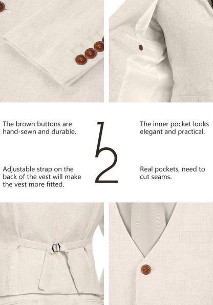 Wehilion Retro Linen Men Suit Beach Wedding Suit Summer Slim Fit 3 Pieces Light Weight Linen Suit Jacket Vest Pant Tuxedo