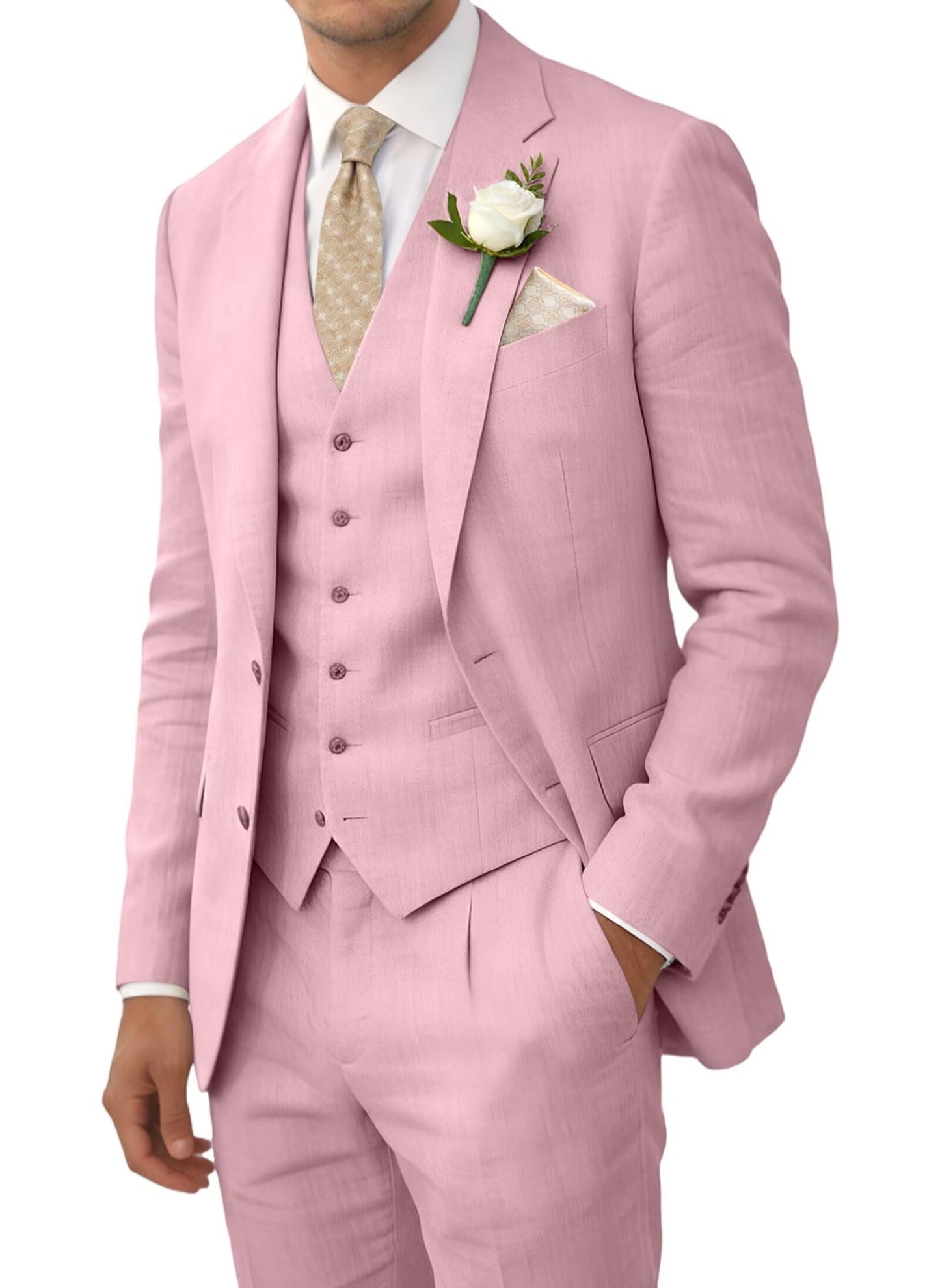 Wehilion Retro Linen Men Suit Beach Wedding Suit Summer Slim Fit 3 Pieces Light Weight Linen Suit Jacket Vest Pant Tuxedo