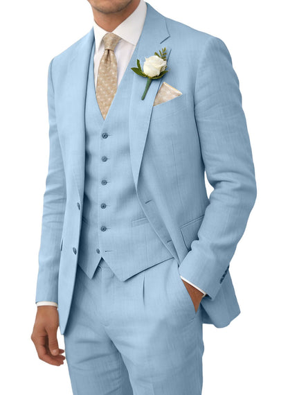 Wehilion Retro Linen Men Suit Beach Wedding Suit Summer Slim Fit 3 Pieces Light Weight Linen Suit Jacket Vest Pant Tuxedo