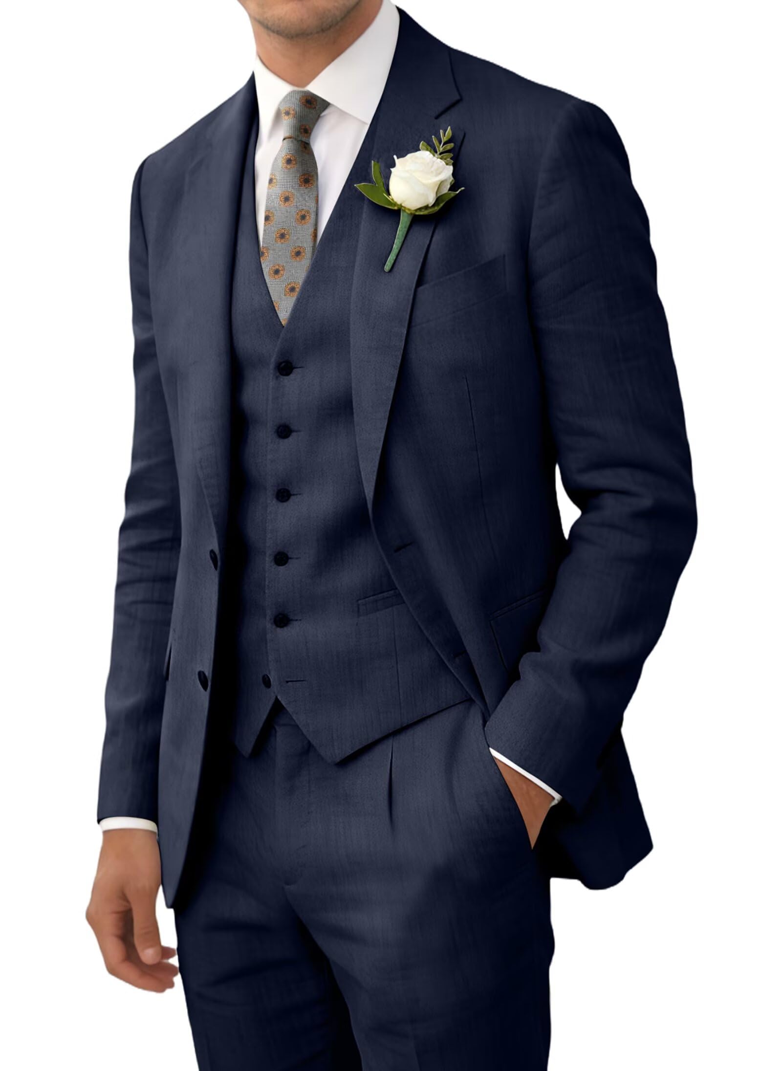 Wehilion Retro Linen Men Suit Beach Wedding Suit Summer Slim Fit 3 Pieces Light Weight Linen Suit Jacket Vest Pant Tuxedo