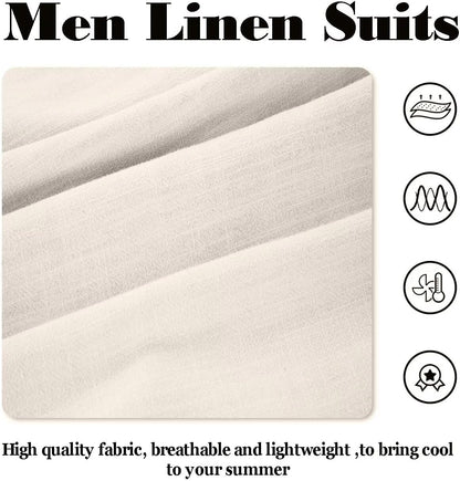Wehilion Retro Linen Men Suit Beach Wedding Suit Summer Slim Fit 3 Pieces Light Weight Linen Suit Jacket Vest Pant Tuxedo