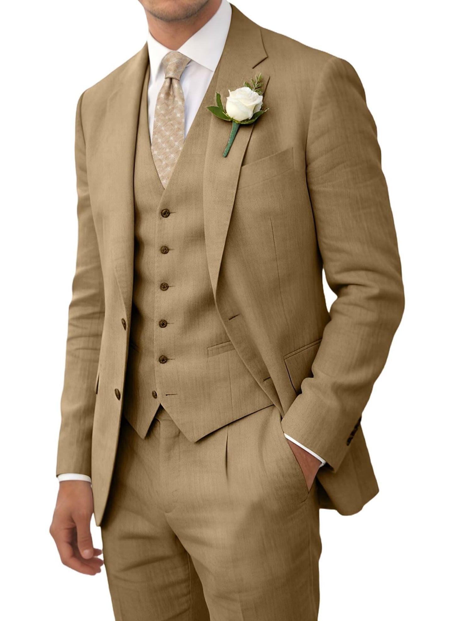 Wehilion Retro Linen Men Suit Beach Wedding Suit Summer Slim Fit 3 Pieces Light Weight Linen Suit Jacket Vest Pant Tuxedo