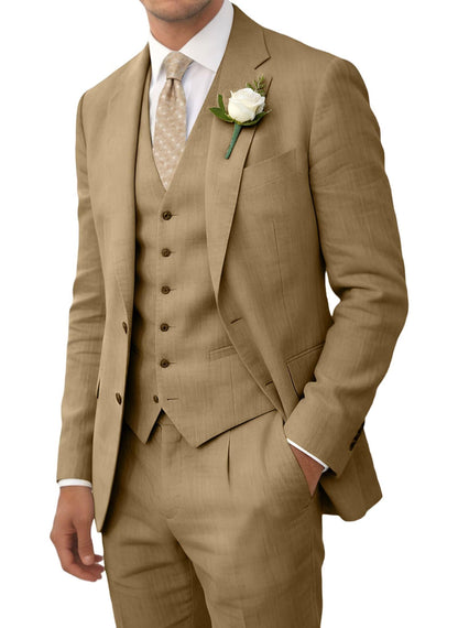 Wehilion Retro Linen Men Suit Beach Wedding Suit Summer Slim Fit 3 Pieces Light Weight Linen Suit Jacket Vest Pant Tuxedo