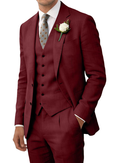 Wehilion Retro Linen Men Suit Beach Wedding Suit Summer Slim Fit 3 Pieces Light Weight Linen Suit Jacket Vest Pant Tuxedo