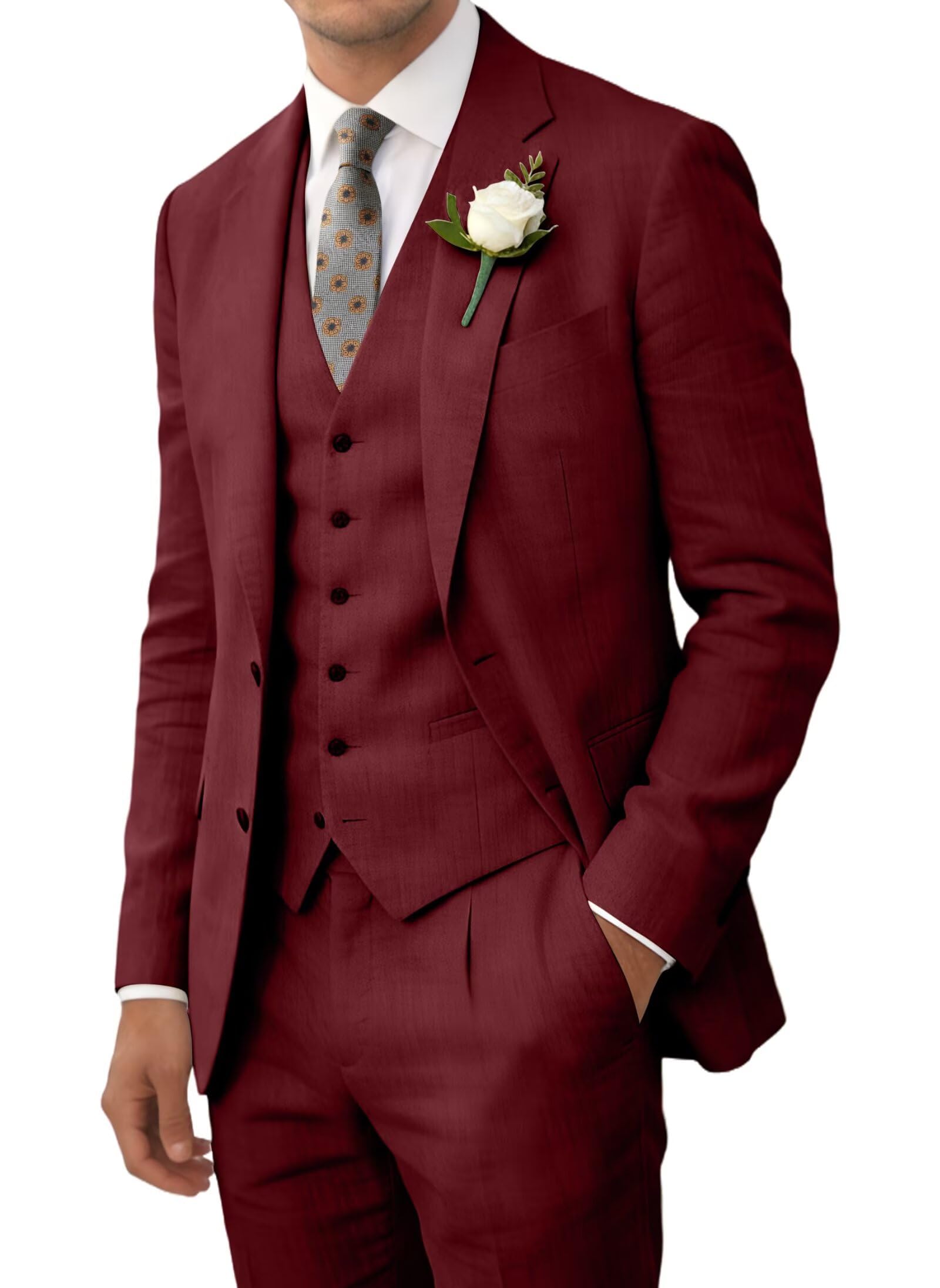 Wehilion Retro Linen Men Suit Beach Wedding Suit Summer Slim Fit 3 Pieces Light Weight Linen Suit Jacket Vest Pant Tuxedo