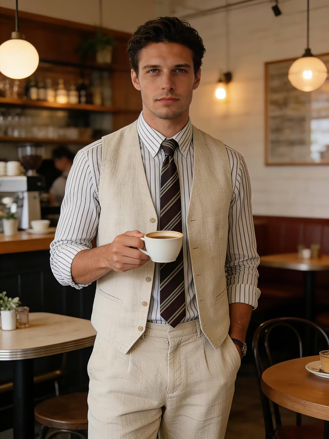 Wehilion Retro Linen Men Suit Beach Wedding Suit Summer Slim Fit 3 Pieces Light Weight Linen Suit Jacket Vest Pant Tuxedo