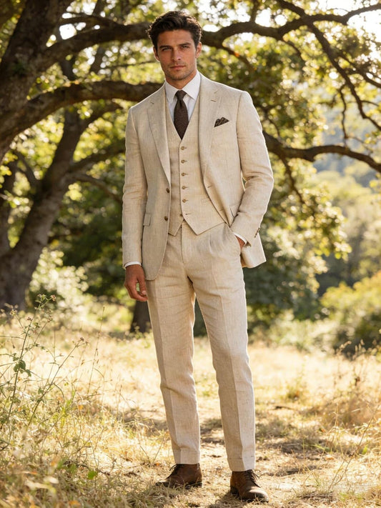 Wehilion Retro Linen Men Suit Beach Wedding Suit Summer Slim Fit 3 Pieces Light Weight Linen Suit Jacket Vest Pant Tuxedo